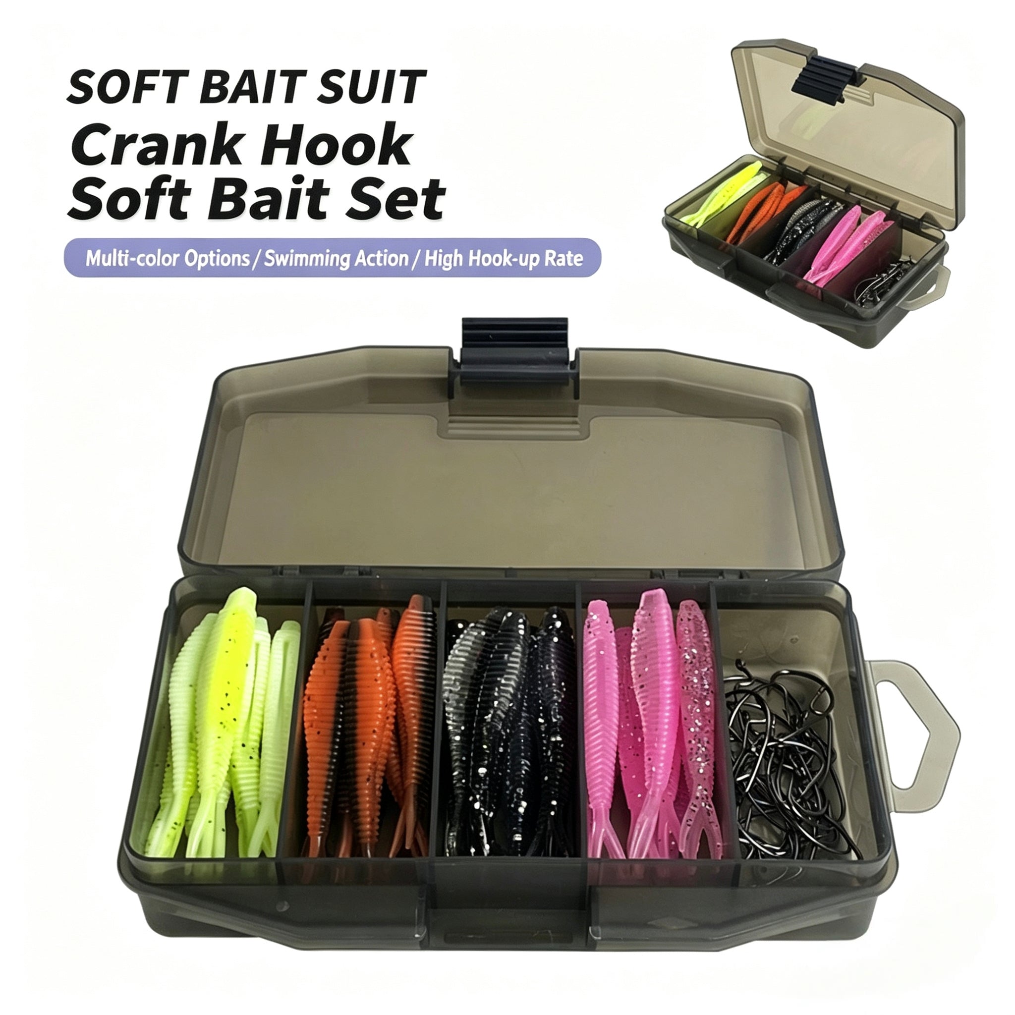 61pcs Soft Fishing Lure Set, Artificial Plastic Worms with Offset Hooks in Tackle Box