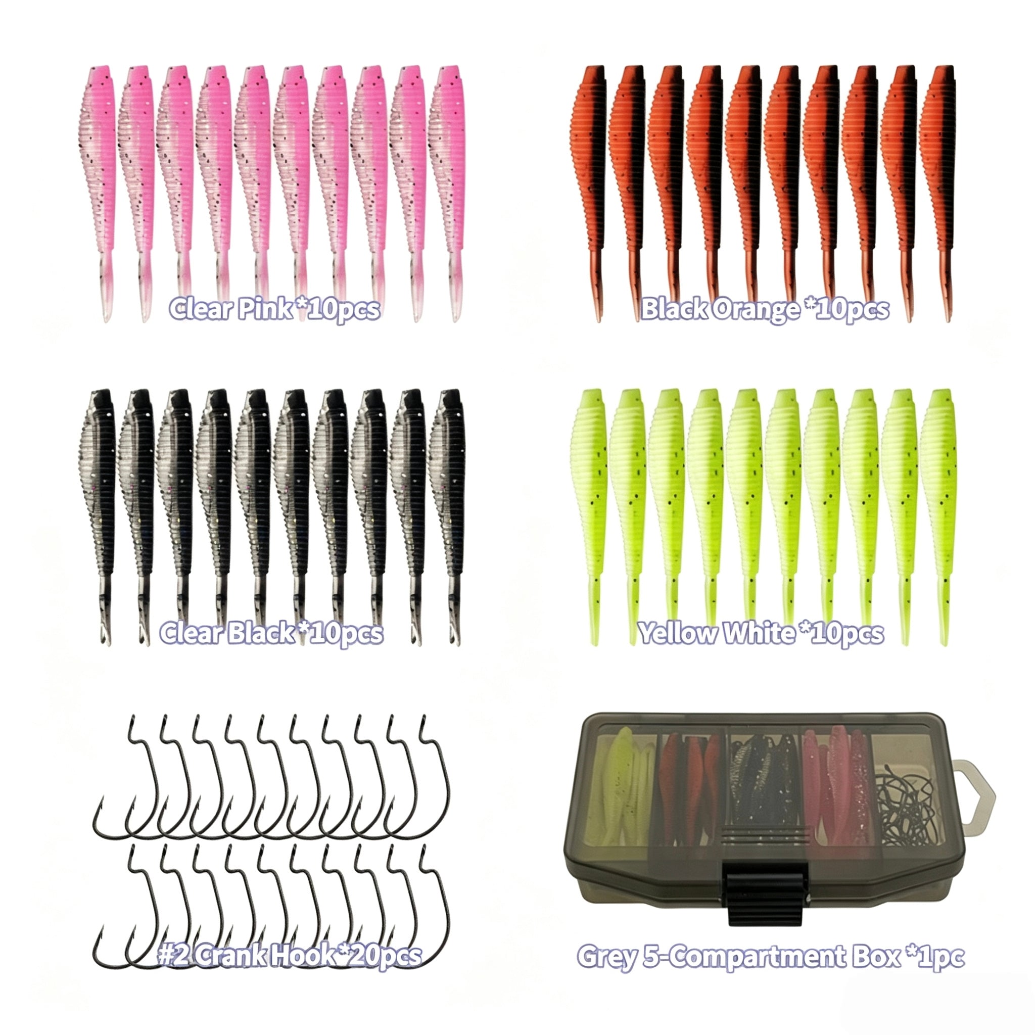 61pcs Soft Fishing Lure Set, Artificial Plastic Worms with Offset Hooks in Tackle Box