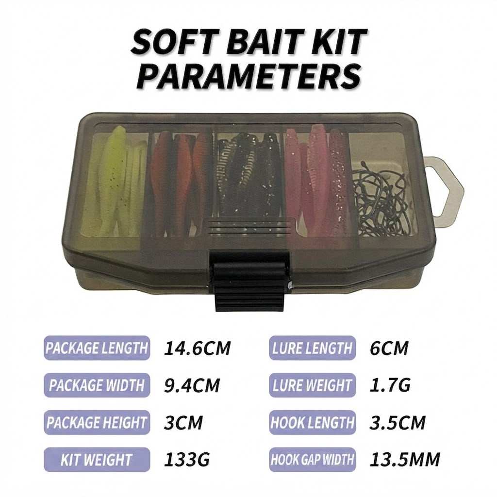 61pcs Soft Fishing Lure Set, Artificial Plastic Worms with Offset Hooks in Tackle Box